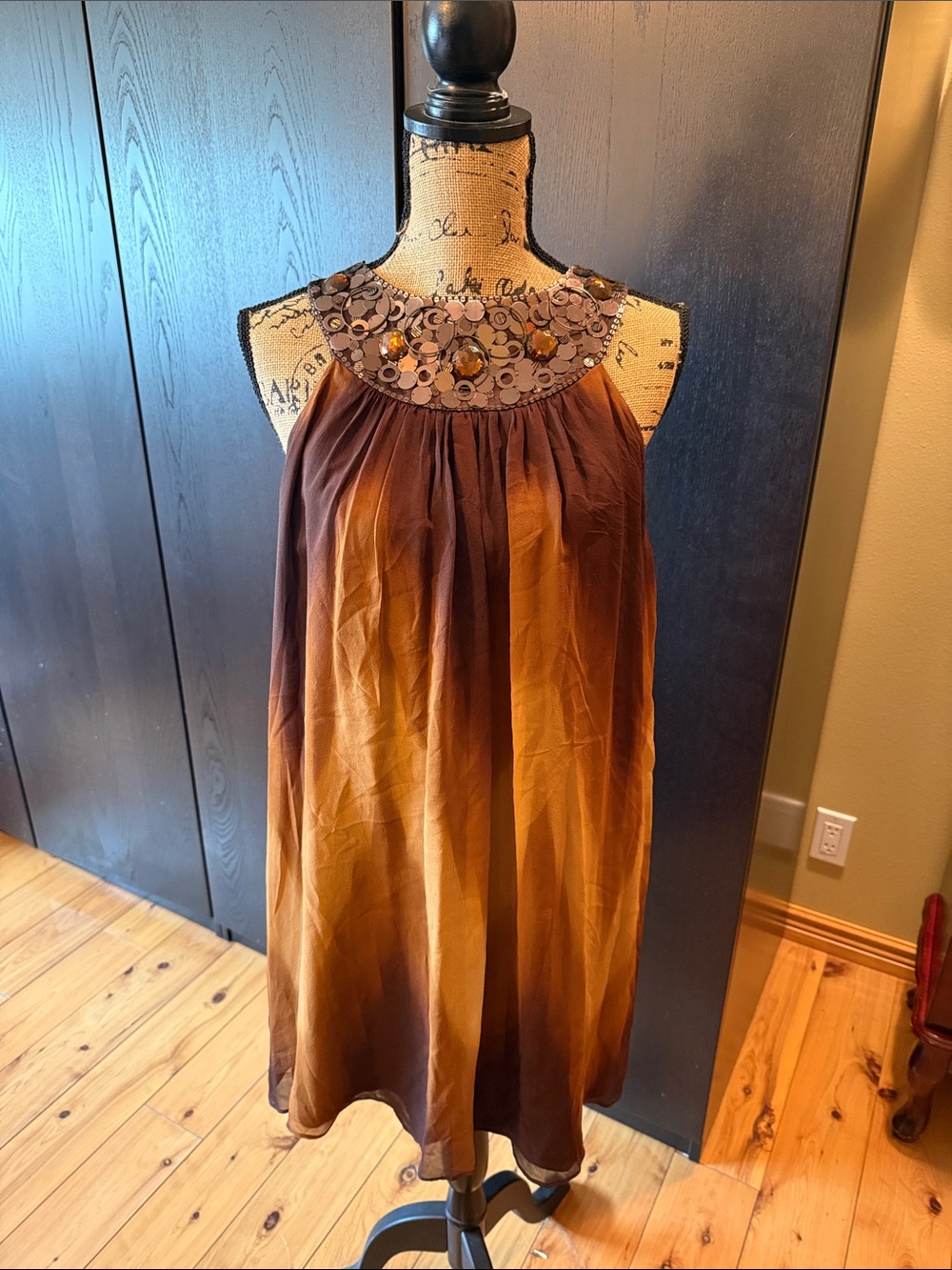 Maggy London 10P Brown Silk Ombre Embellished Halter Mini Dress